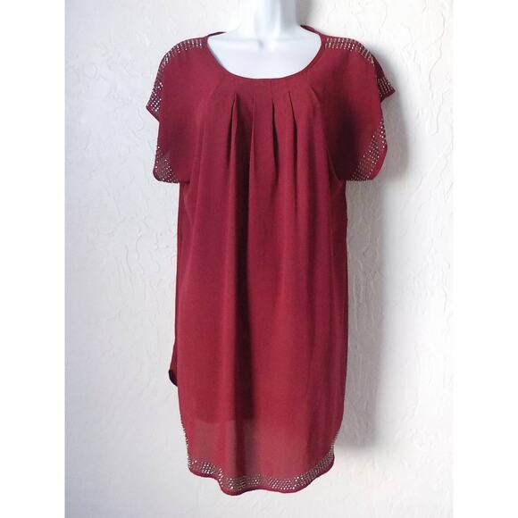 Poetry Pink Shift Pleated Tunic Dress Women size Small Studs Accent Short Sleeve - Picture 13 of 13